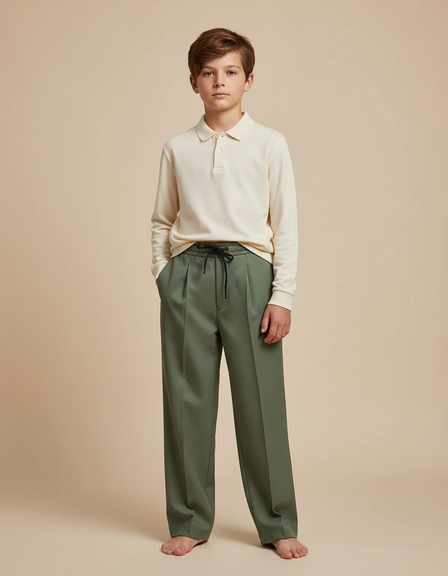 Pantalon À Pince Vert Armée Ample Cordon Décontracté - Gabardine