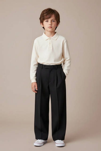Pantalon À Pince Noir Ample Décontracté Enfant Garçon - Gabardine