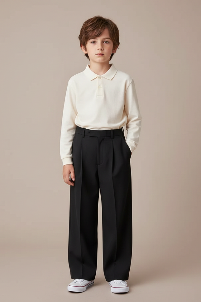 Pantalon À Pince Noir Ample Décontracté Enfant Garçon - Gabardine