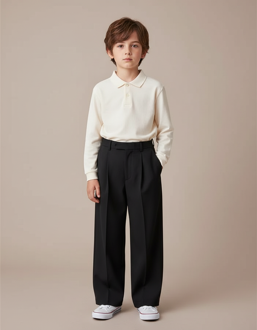 Pantalon À Pince Noir Ample Décontracté Enfant Garçon - Gabardine