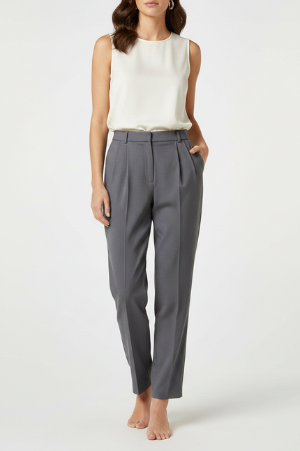 Pantalon À Pince Gris Plissé Taille Haute Épuré - Gabardine