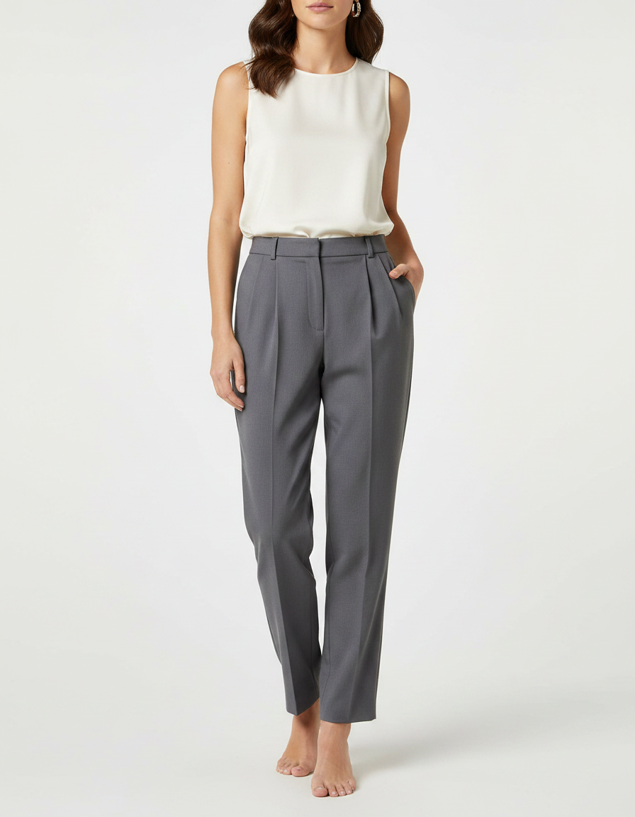Pantalon À Pince Gris Plissé Taille Haute Épuré - Gabardine
