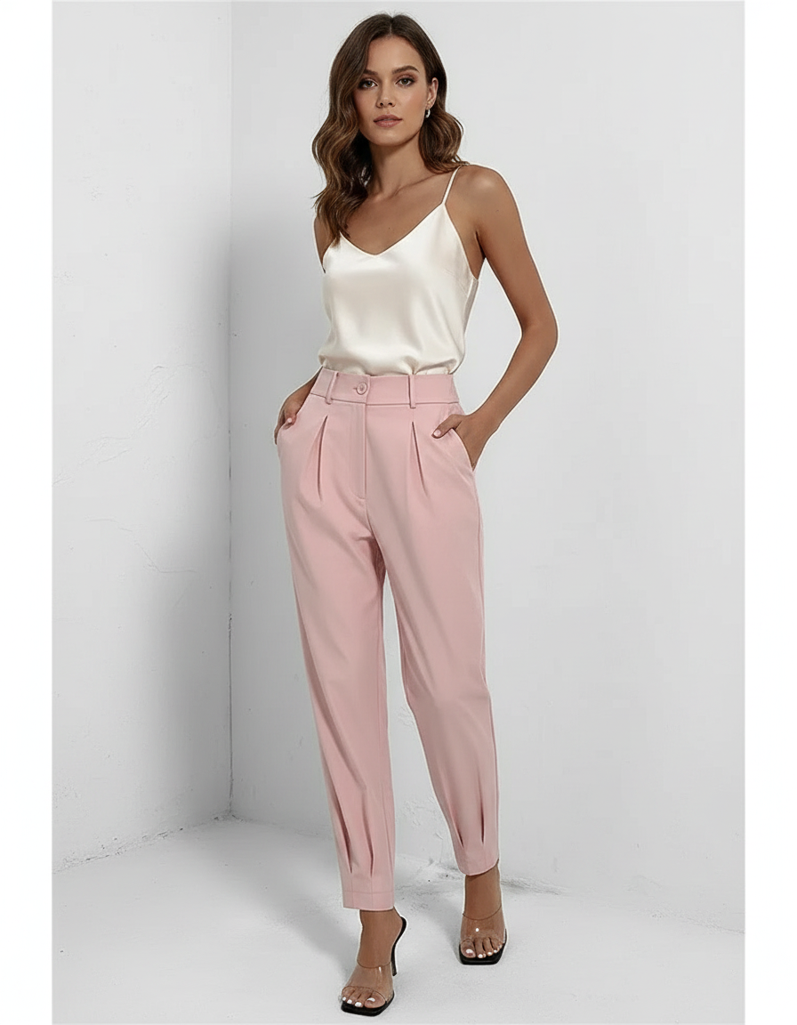 Pantalon À Pince Rose Poudré Taille Haute Décontracté - Polyester
