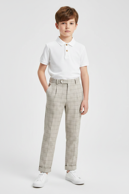 Pantalon À Pince Carreaux Beige Plissé Garçon Élégant - Gabardine