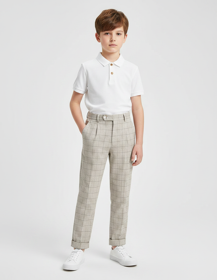 Pantalon À Pince Carreaux Beige Plissé Garçon Élégant - Gabardine