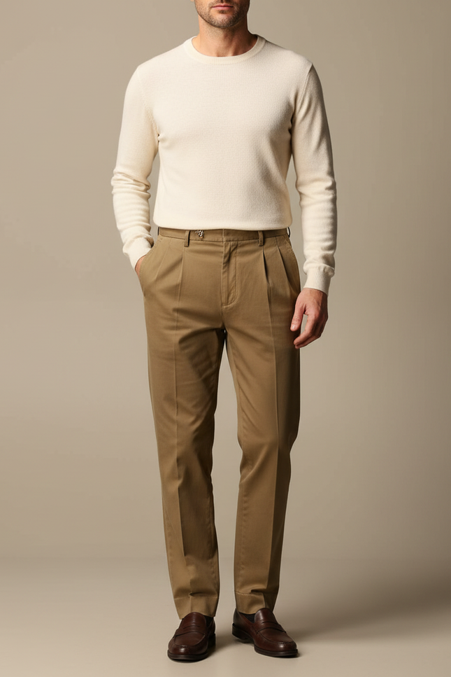 Pantalon À Pince Kaki Coton Plissé Droit Décontracté Homme