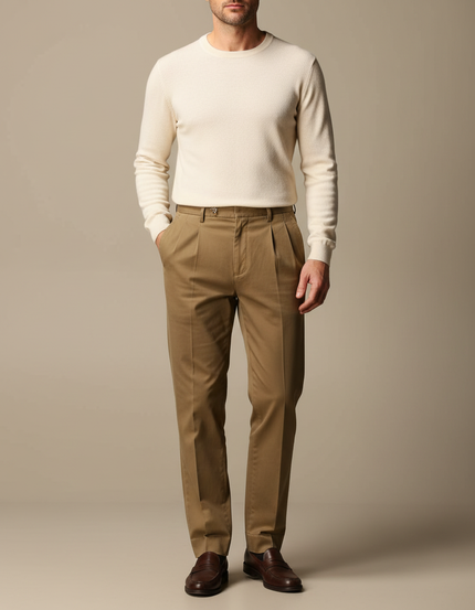 Pantalon À Pince Kaki Coton Plissé Droit Décontracté Homme