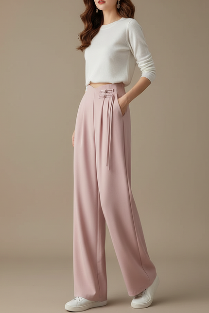 Pantalon À Pince Rose Plissé Fluide Élégant Femme - Polyester