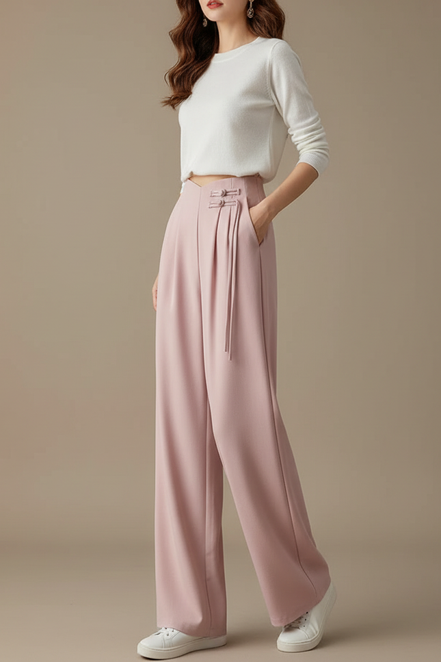 Pantalon À Pince Rose Plissé Fluide Élégant Femme - Polyester