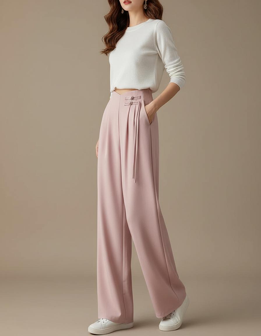 Pantalon À Pince Rose Plissé Fluide Élégant Femme - Polyester