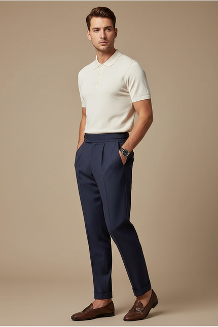 Pantalon À Pince Bleu Marine Droit Élégant Homme - Gabardine