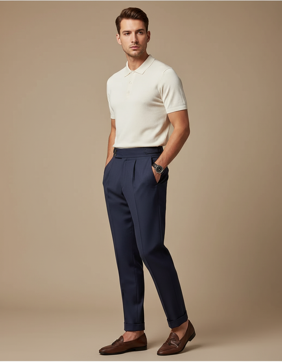 Pantalon À Pince Bleu Marine Droit Élégant Homme - Gabardine