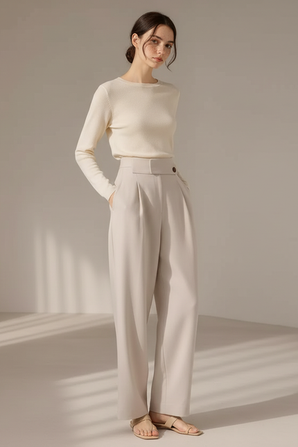 Pantalon À Pince Crème Droit Taille Haute Élégant - Beige Polyester