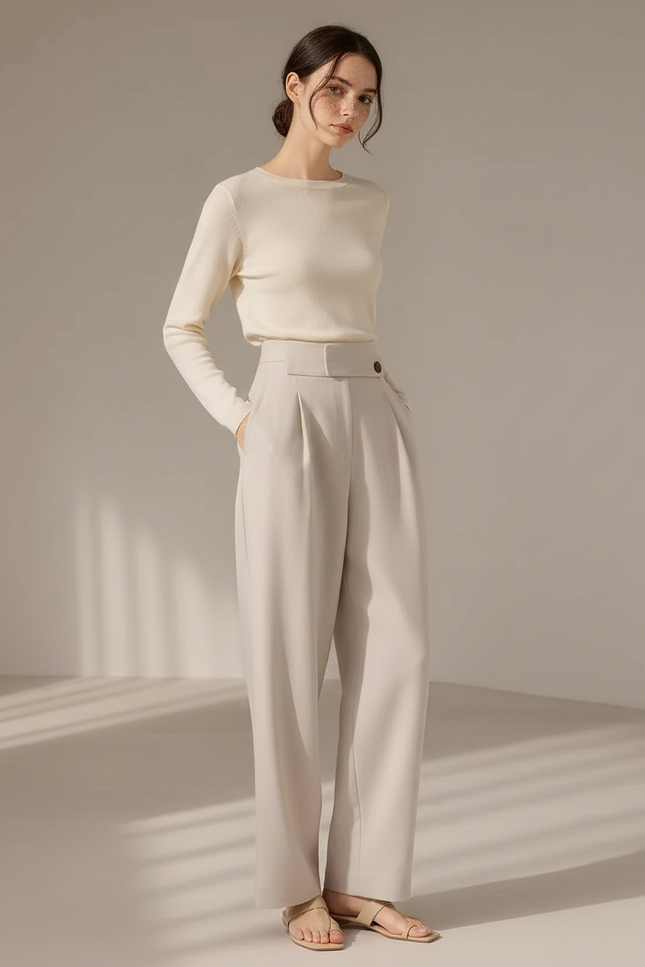 Pantalon À Pince Crème Droit Taille Haute Élégant - Beige Polyester