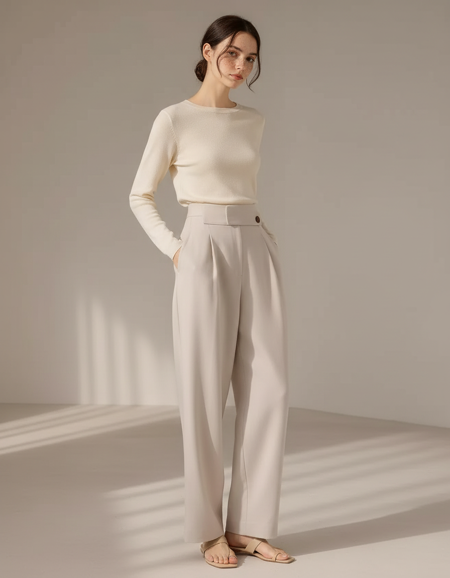 Pantalon À Pince Crème Droit Taille Haute Élégant - Beige Polyester