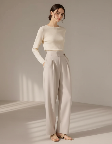 Pantalon À Pince Crème Droit Taille Haute Élégant - Beige Polyester