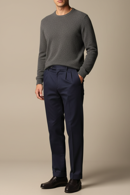 Pantalon À Pince Bleu Marine Droit Plissé Élégant Coton
