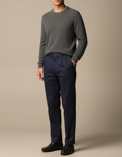 Pantalon À Pince Bleu Marine Droit Plissé Élégant Coton