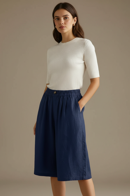 Pantalon À Pince Bleu Marine Ample Lin Décontracté