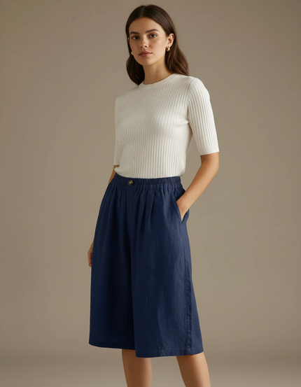 Pantalon À Pince Bleu Marine Ample Lin Décontracté
