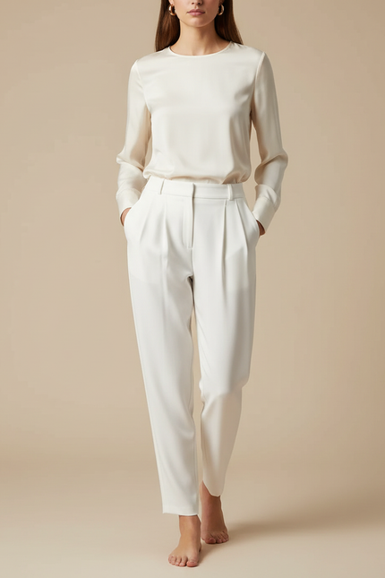 Pantalon À Pince Blanc Cassé Plissé Fluide Élégant Femme - Polyester