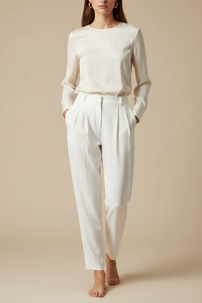 Pantalon À Pince Blanc Cassé Plissé Fluide Élégant Femme - Polyester