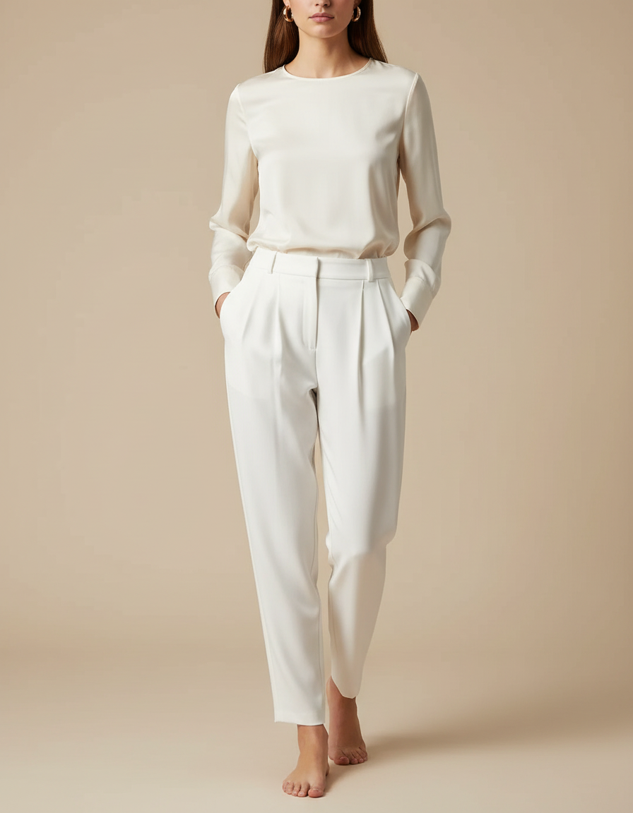 Pantalon À Pince Blanc Cassé Plissé Fluide Élégant Femme - Polyester