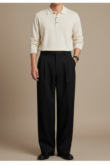 Pantalon À Pince Noir Plissé Ample Homme Élégant - Gabardine