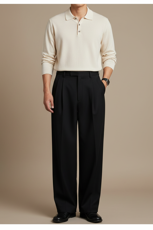 Pantalon À Pince Noir Plissé Ample Homme Élégant - Gabardine