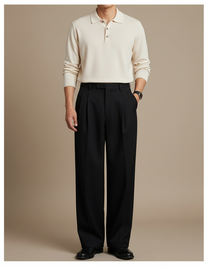Pantalon À Pince Noir Plissé Ample Homme Élégant - Gabardine