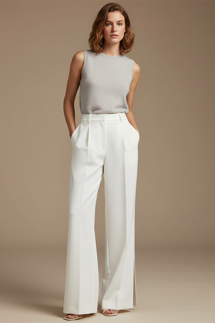 Pantalon À Pince Blanc Plissé Ample Fendu Élégant - Gabardine