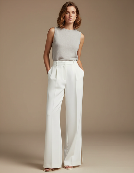 Pantalon À Pince Blanc Plissé Ample Fendu Élégant - Gabardine