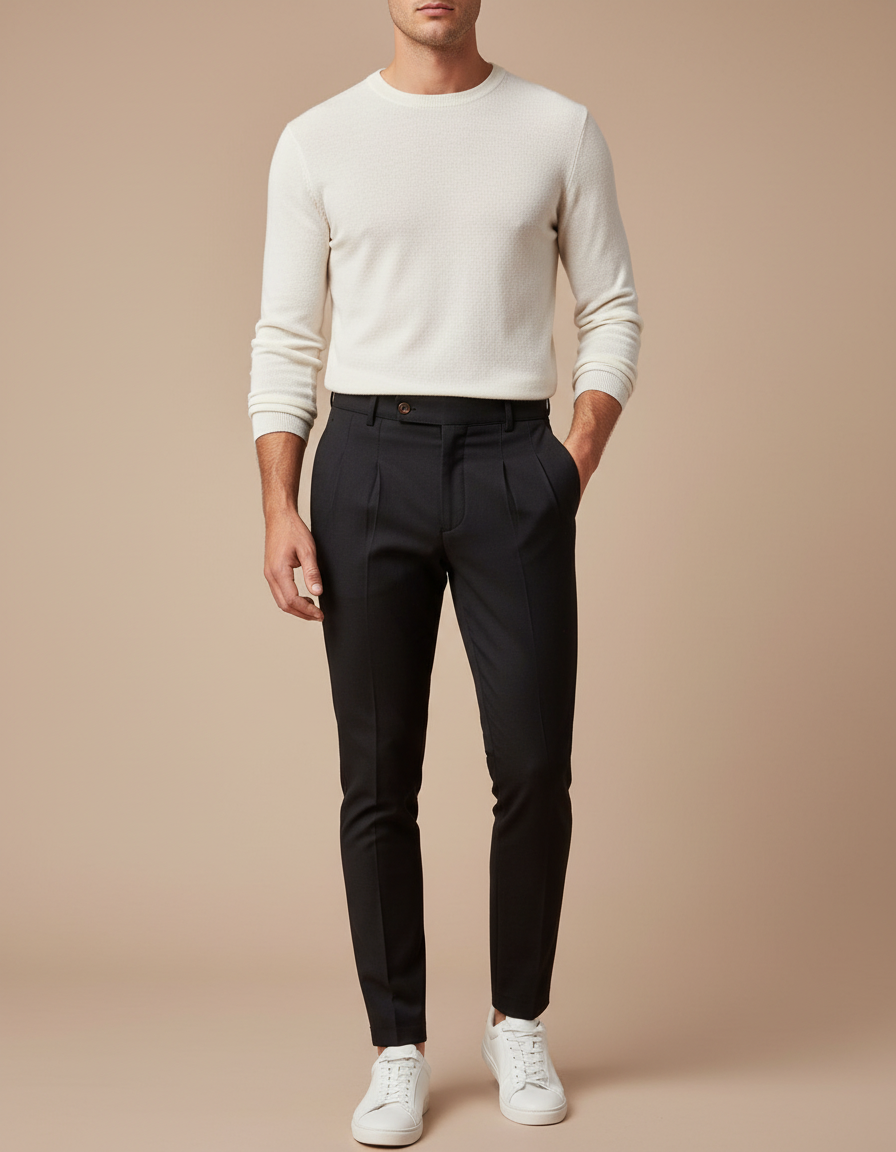 Pantalon À Pince Noir Slim Plissé Homme Élégant - Gabardine
