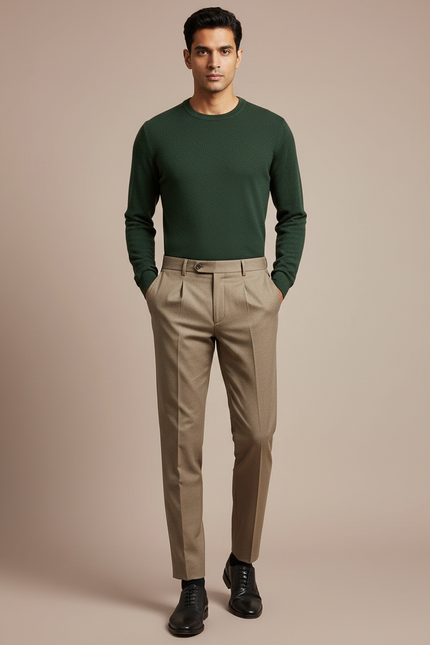 Pantalon À Pince Marron Clair Plissé Droit Élégant Homme - Gabardine