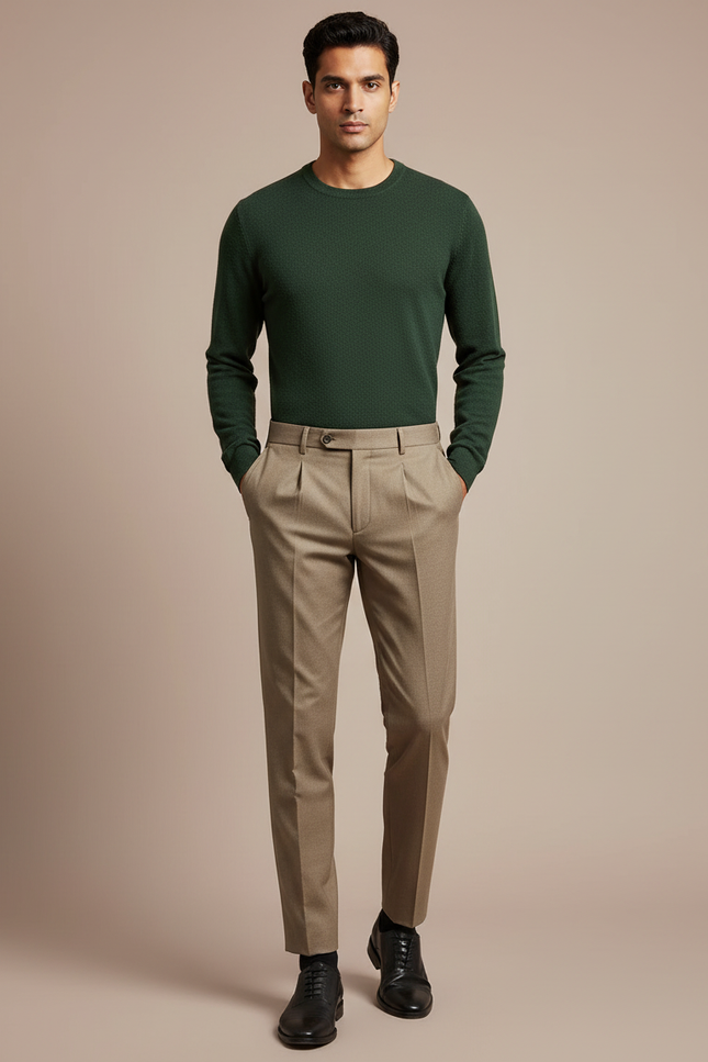 Pantalon À Pince Marron Clair Plissé Droit Élégant Homme - Gabardine