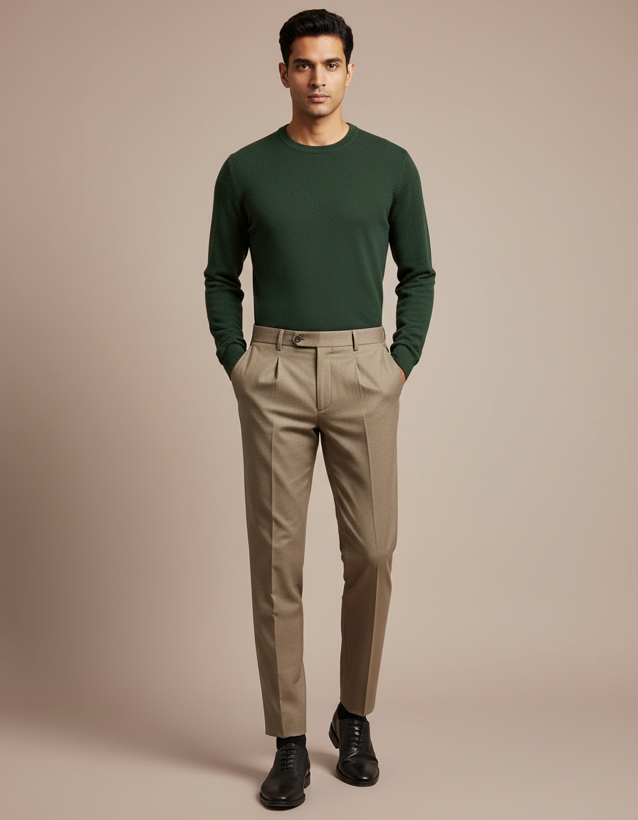 Pantalon À Pince Marron Clair Plissé Droit Élégant Homme - Gabardine