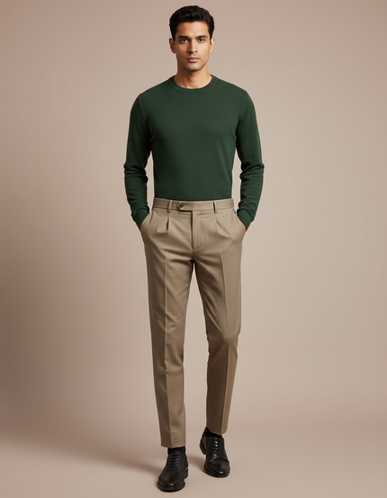 Pantalon À Pince Marron Clair Plissé Droit Élégant Homme - Gabardine