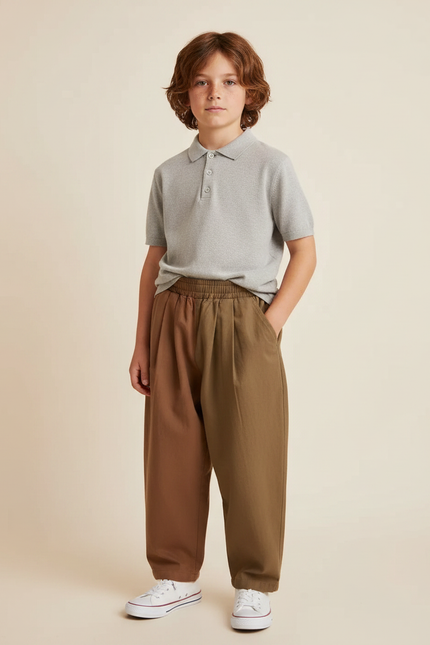Pantalon À Pince Bicolore Ample Plissé Coton Décontracté Enfant - Kaki