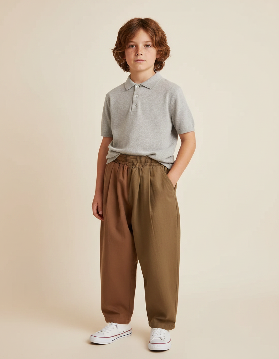 Pantalon À Pince Bicolore Ample Plissé Coton Décontracté Enfant - Kaki