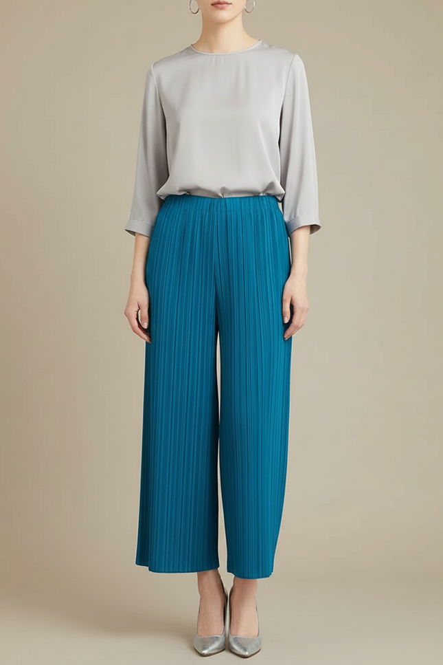 Pantalon À Pince Plissé Fluide Bleu Élastique Femme - Polyester