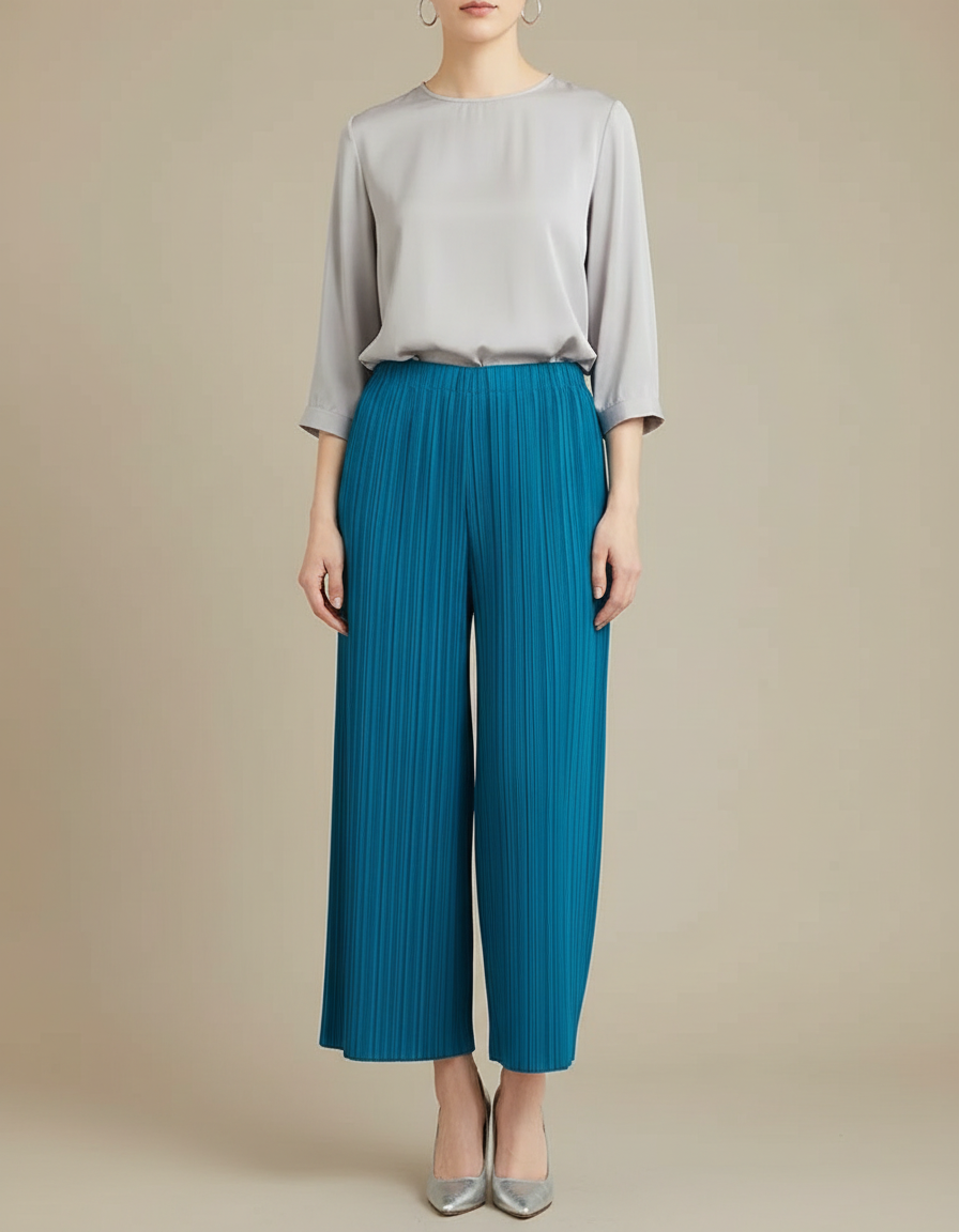 Pantalon À Pince Plissé Fluide Bleu Élastique Femme - Polyester
