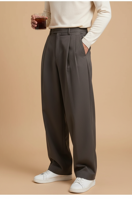Pantalon À Pince Gris Foncé Plissé Large Décontracté - Polyester