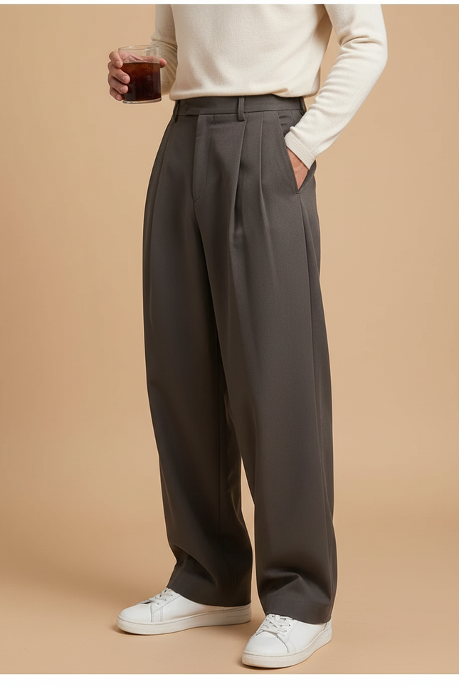 Pantalon À Pince Gris Foncé Plissé Large Décontracté - Polyester