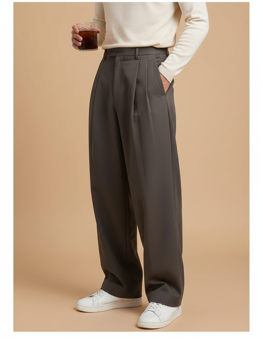 Pantalon À Pince Gris Foncé Plissé Large Décontracté - Polyester