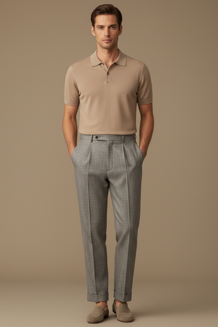 Pantalon À Pince Gris Plissé Droit Homme Élégant - Laine