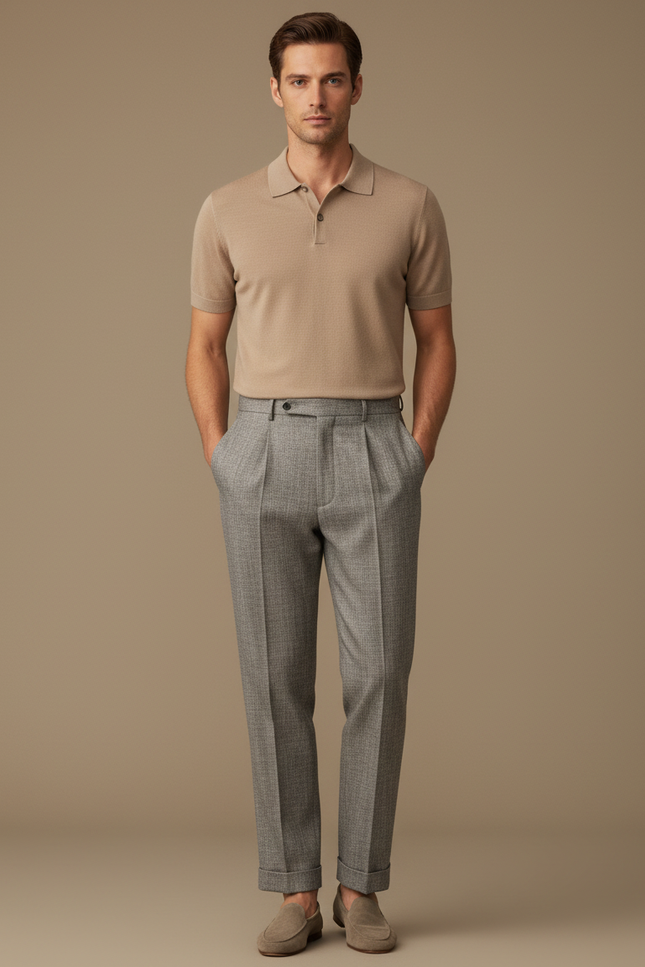 Pantalon À Pince Gris Plissé Droit Homme Élégant - Laine