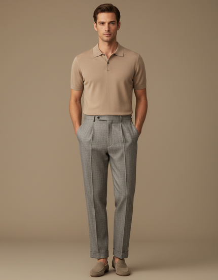 Pantalon À Pince Gris Plissé Droit Homme Élégant - Laine