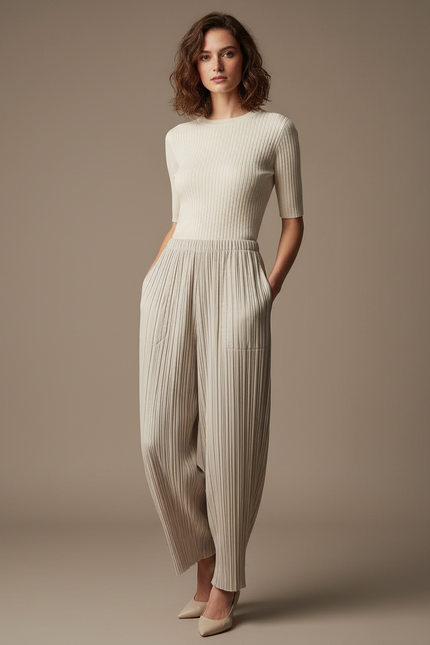 Pantalon À Pince Plissé Ample Beige Décontracté Fluide - Polyester