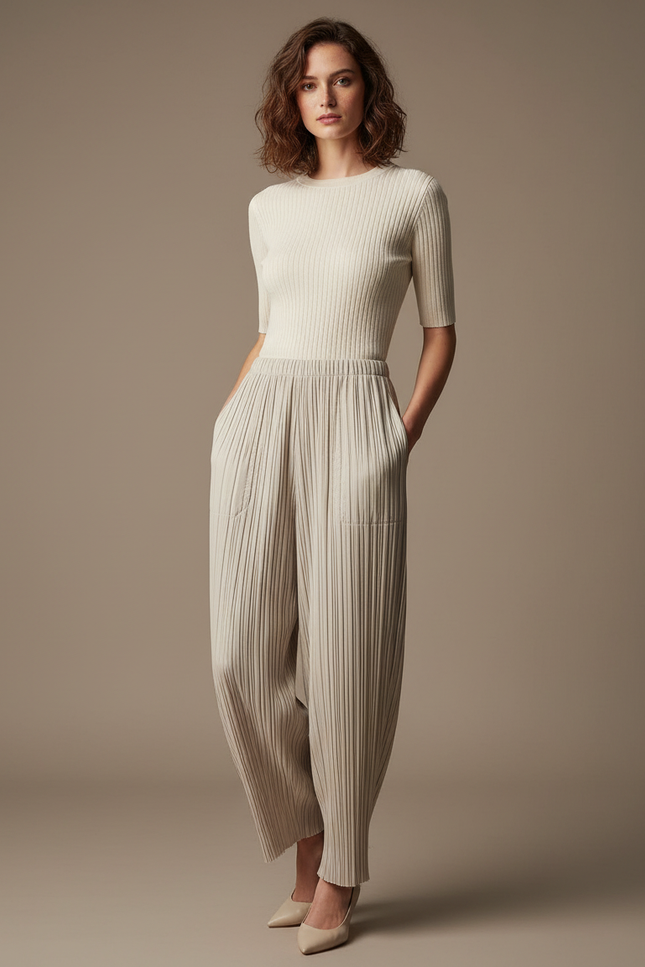 Pantalon À Pince Plissé Ample Beige Décontracté Fluide - Polyester
