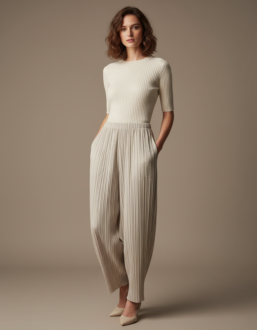 Pantalon À Pince Plissé Ample Beige Décontracté Fluide - Polyester